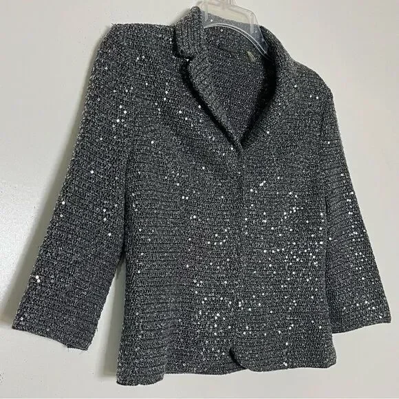 Elie Tahari Y2K Crop Glittery Jacket Womens Small Crochet Sequined Blazer Gray - Picture 3 of 11